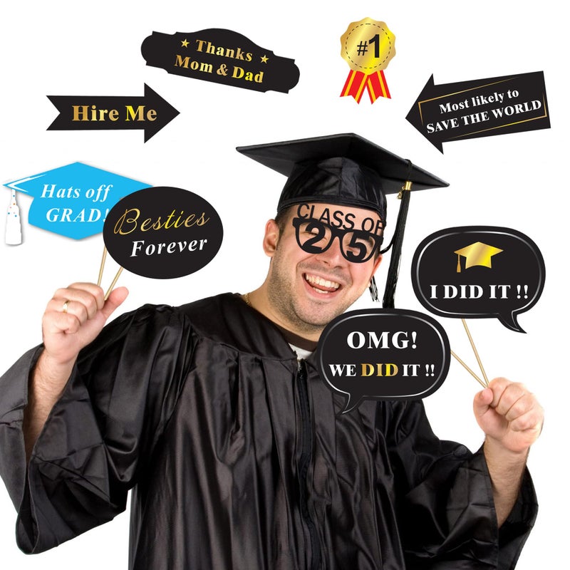 Konsait Graduation Photo Booth Props (50Count), Konsait Large Graduation Photo Props Class of 2025 Grad Decor with Sticks for Kids Boy Girl, Black and Gold, for Graduation Party Favors Supplies Decorations - Image 5